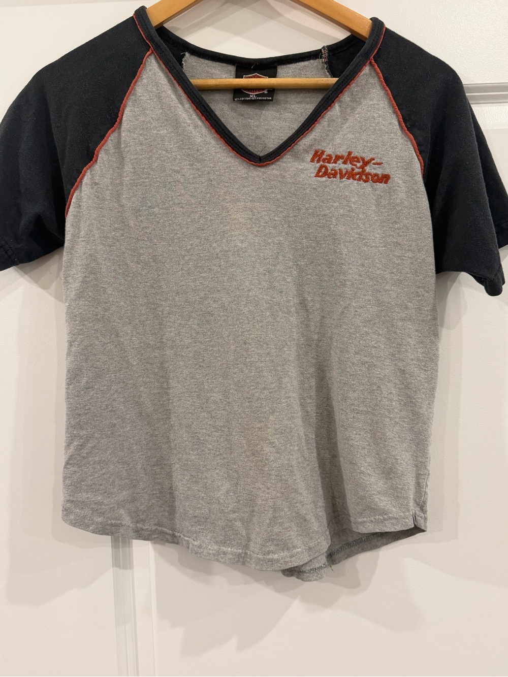 Women’s XL Crop TopHarley-Davidson Raglan V-Neck Tee in Gray and Black